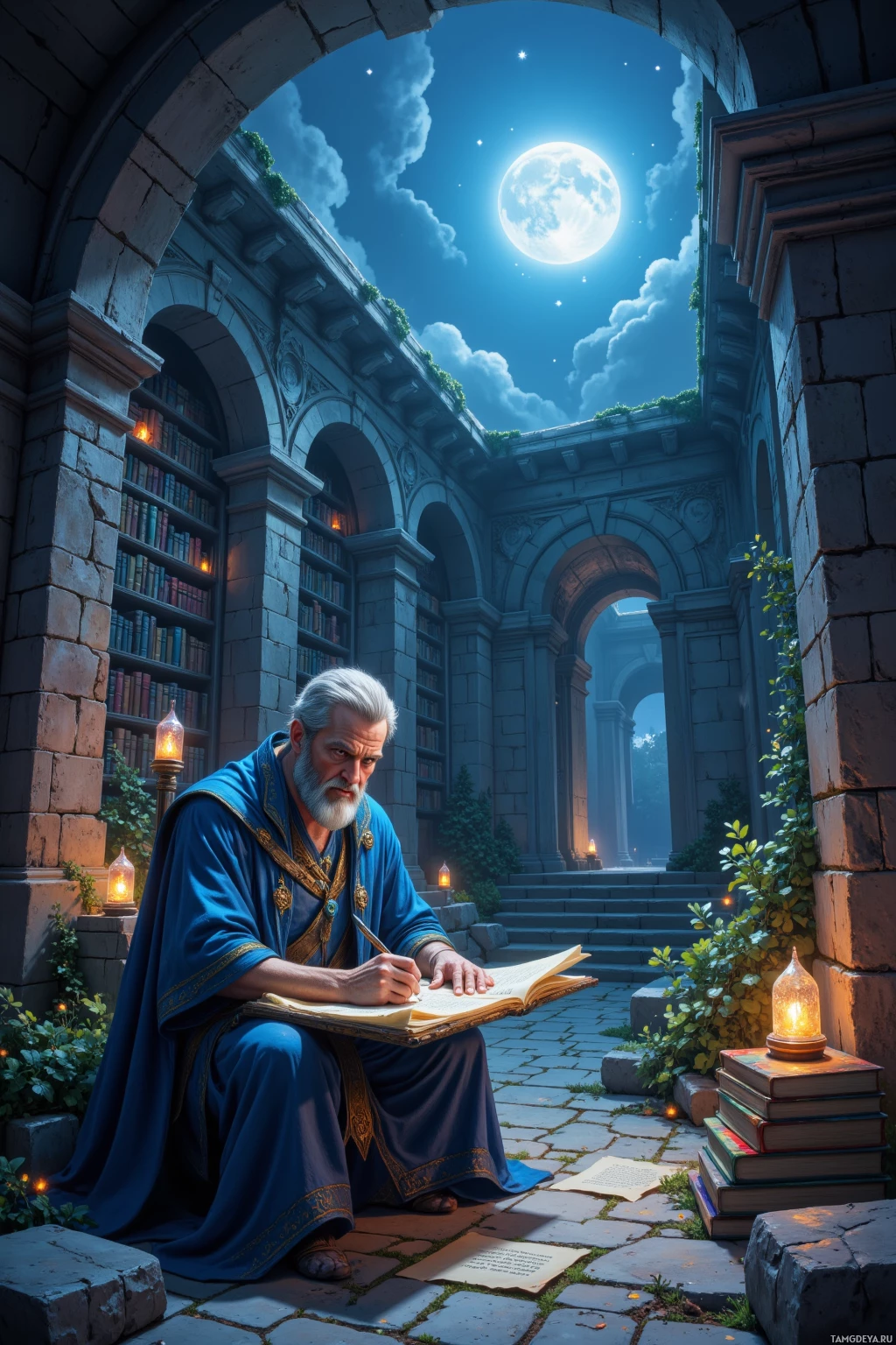 Пожилой ученый в синих одеяниях пишет в блокноте под лунным светом во внутреннем каменном дворе.