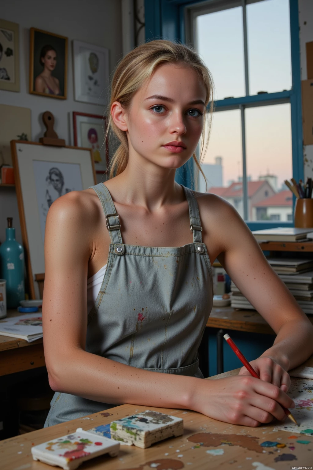 Молодая женщина в художественной мастерской, в фартуке, сидит за столом с художественными принадлежностями и смотрит прямо в камеру.