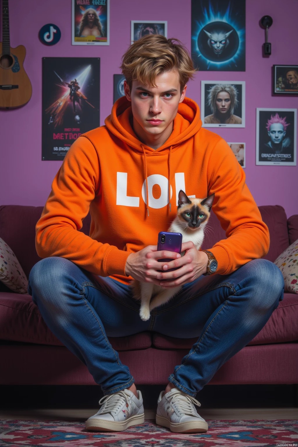 Человек в оранжевой толстовке и джинсах сидит на диване, держа в руках телефон, а на коленях у него кошка.