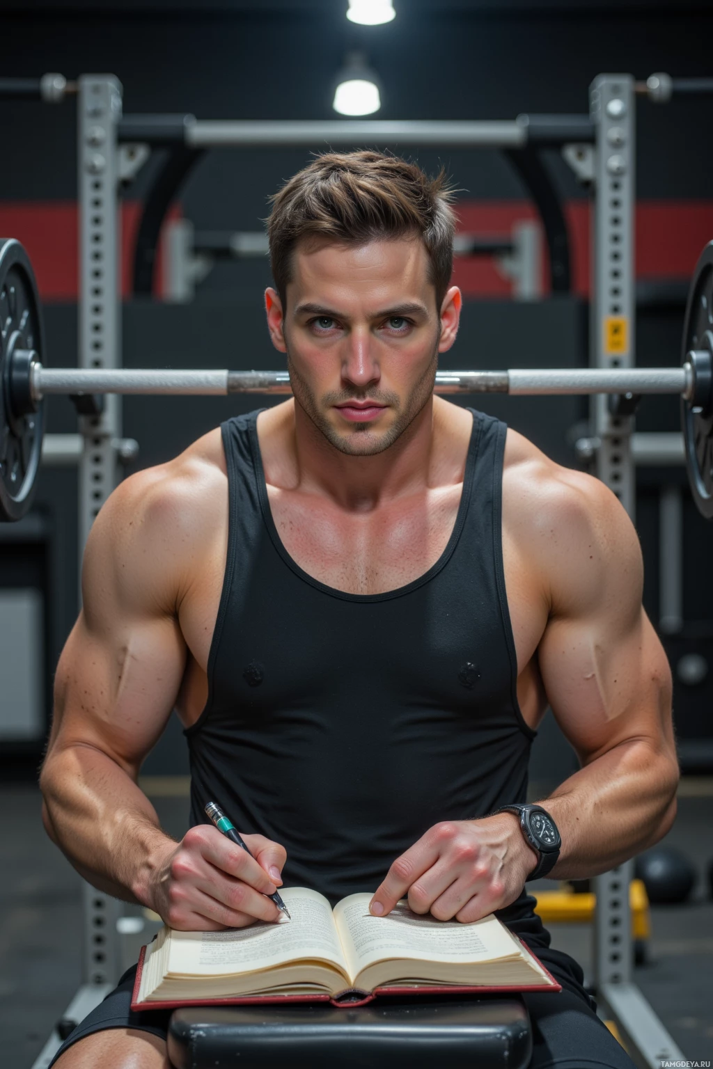 Мускулистый мужчина сидит в спортзале и что-то записывает в блокнот.