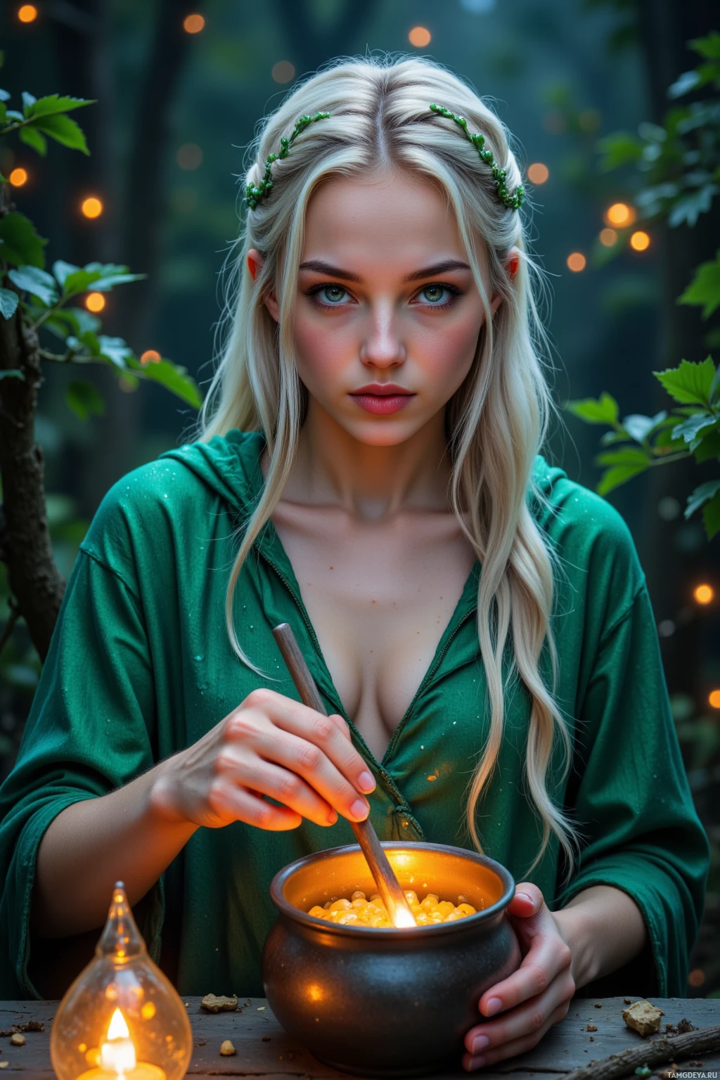 Женщина в зеленом халате держит светящуюся кастрюлю с половником, вокруг неё – лесной пейзаж с горящей свечой.