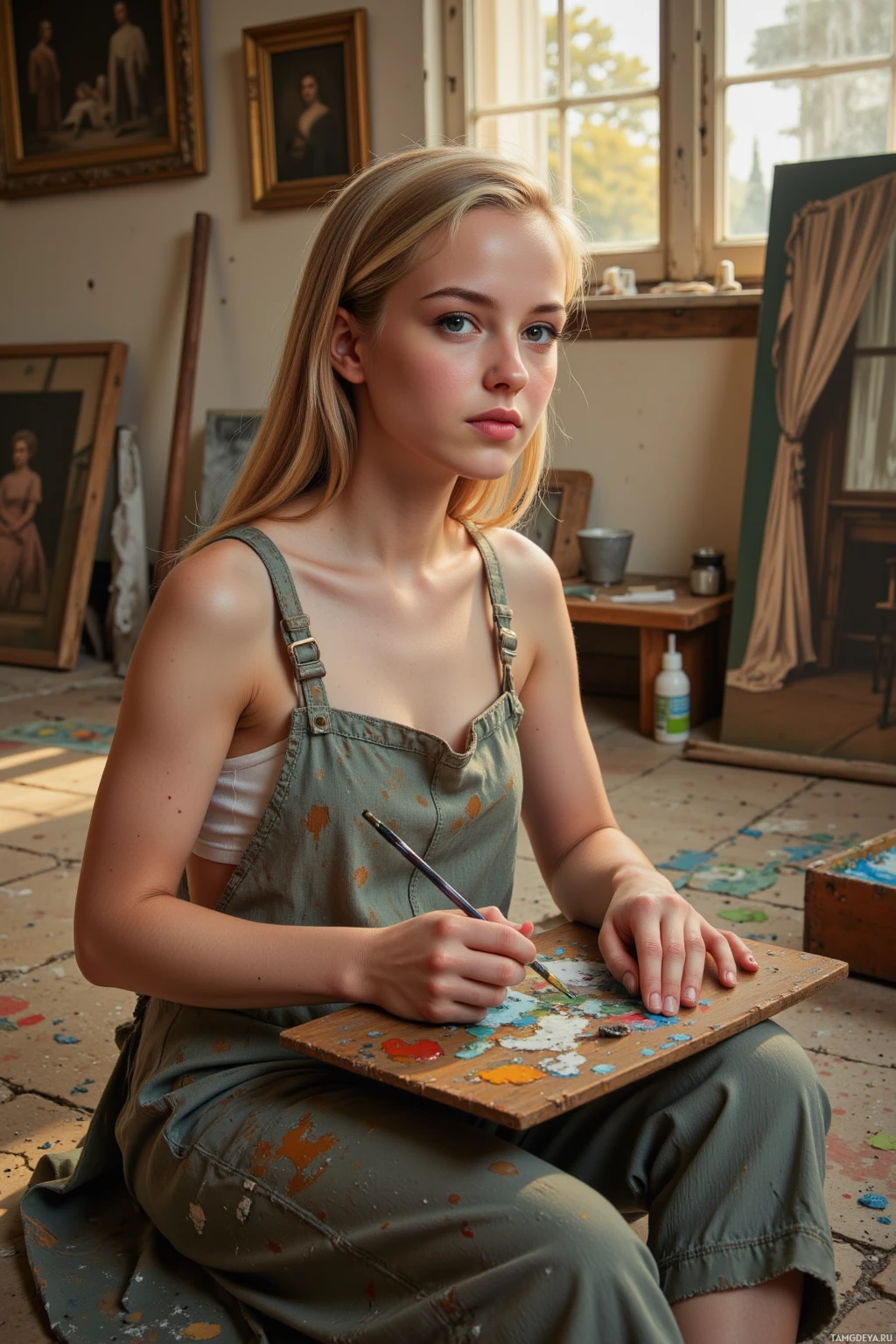 Молодая женщина в мастерской художника держит кисть и палитру, на ее фартуке видны следы краски.