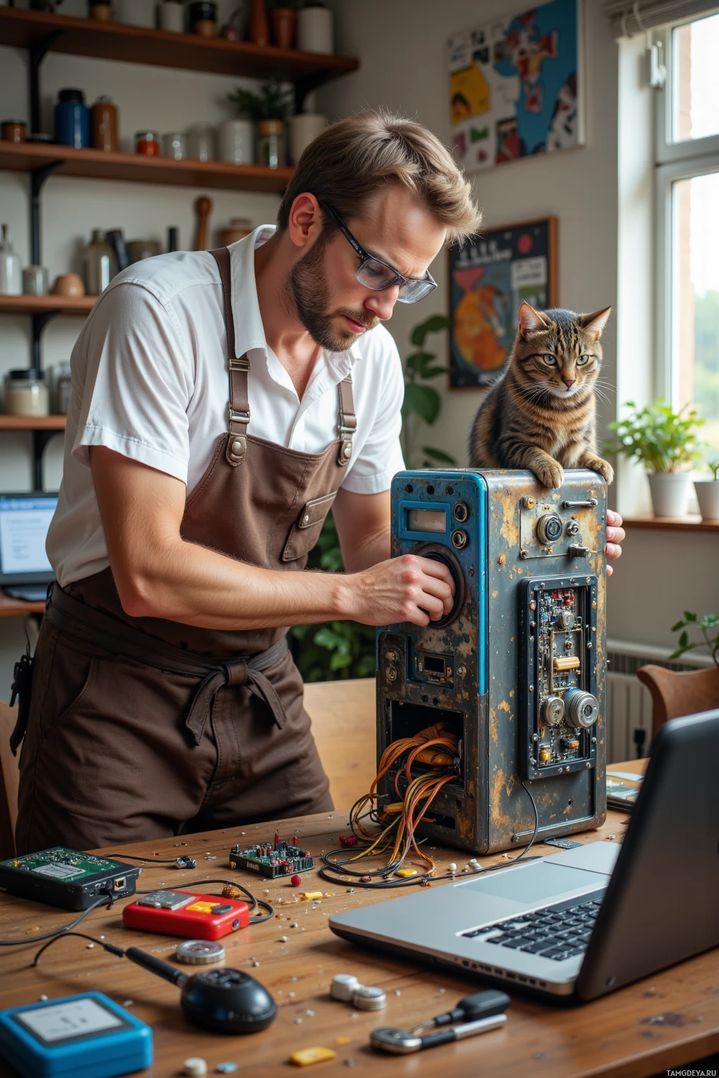 Мужчина в фартуке чинит старинное радио, а на верхушке сидит кошка.