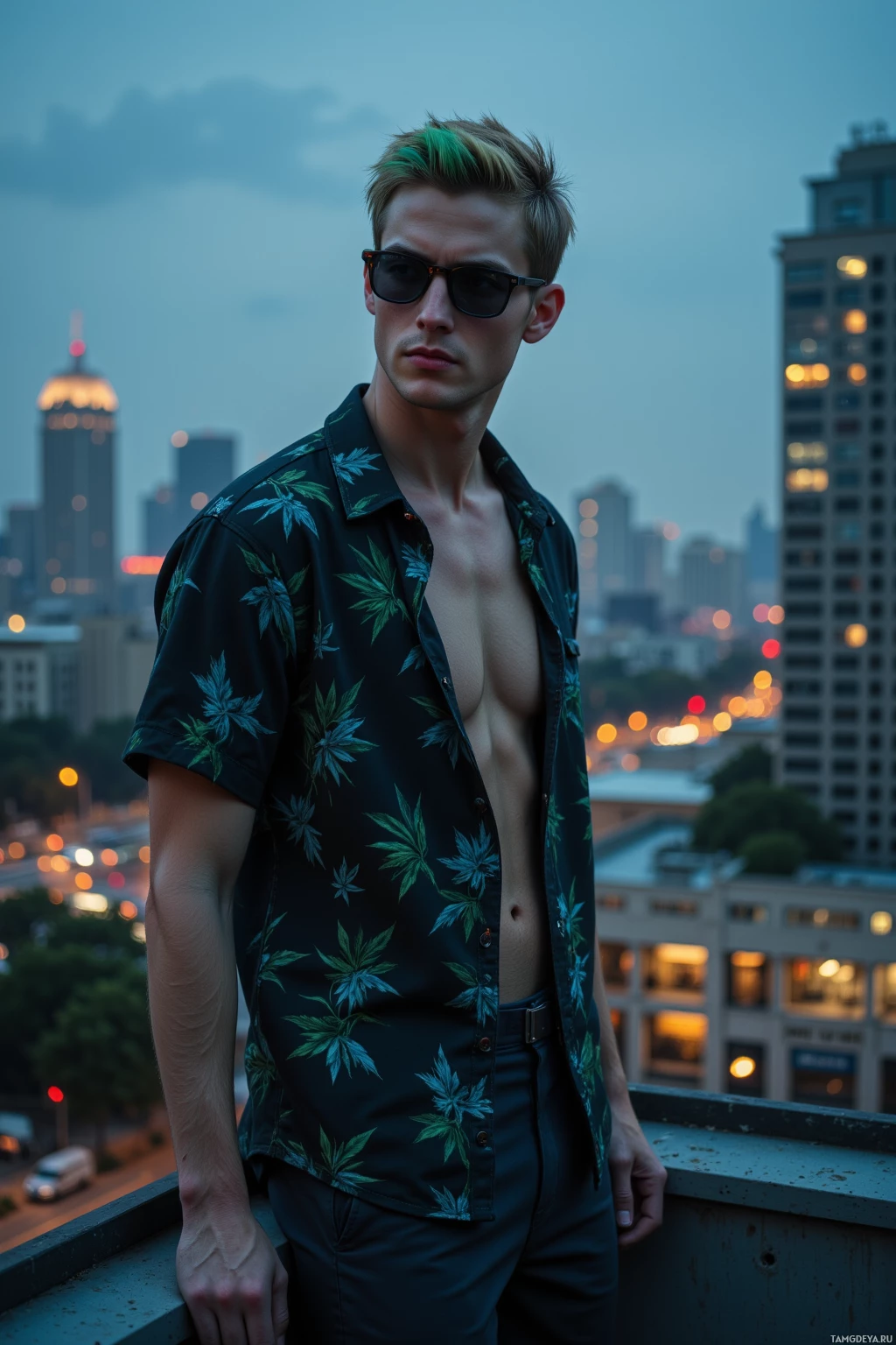 Мужчина стоит на крыше, любуясь закатным городским пейзажем, одетый в рубашку с цветочным принтом и солнцезащитные очки.