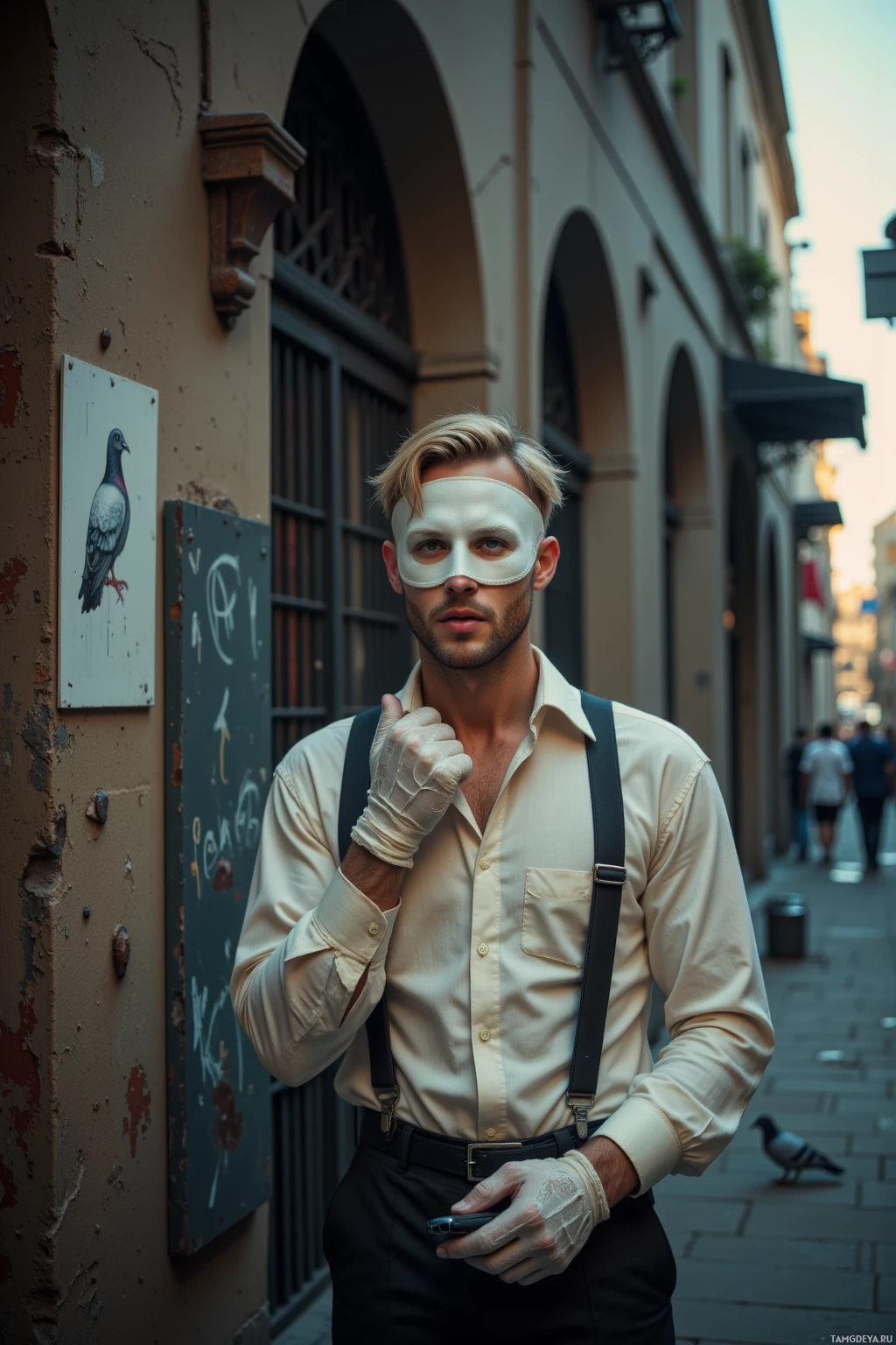 Мужчина в белой рубашке и подтяжках стоит на улице, держа в руке телефон.