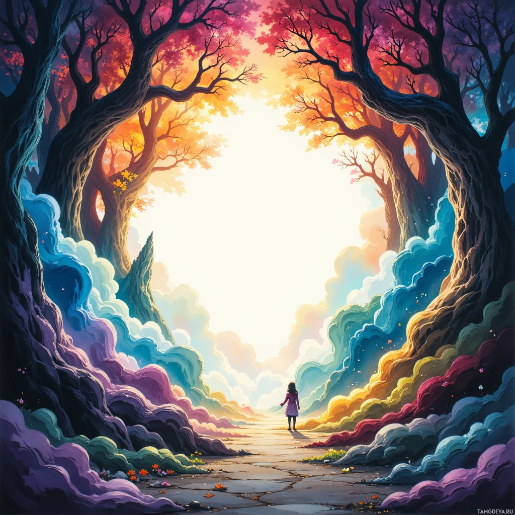 В сказочном лесу, полном ярких, вибрирующих красок и неземных облаков, идёт человек.