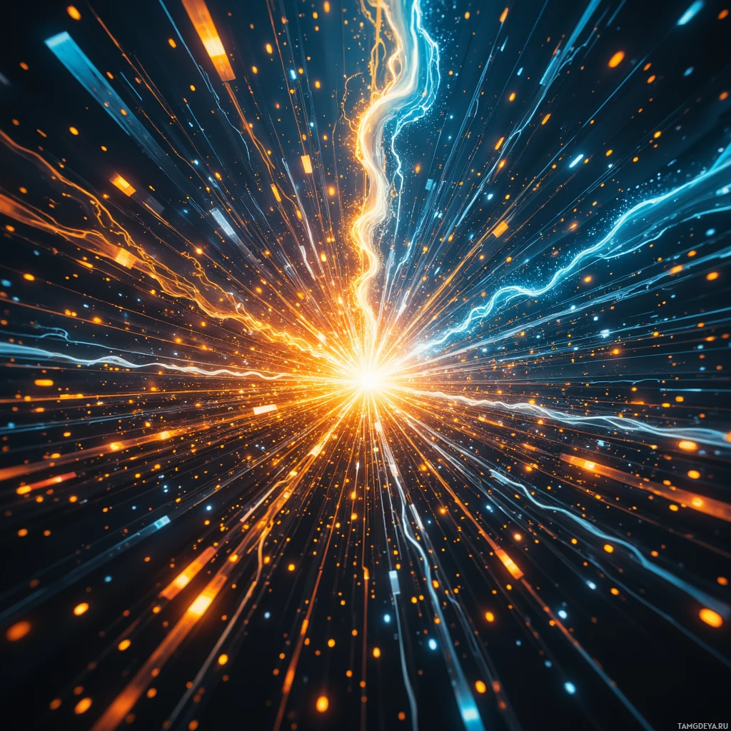 Яркая вспышка светящихся частиц и полос света насыщенного оранжевого и синего цветов на тёмном фоне.