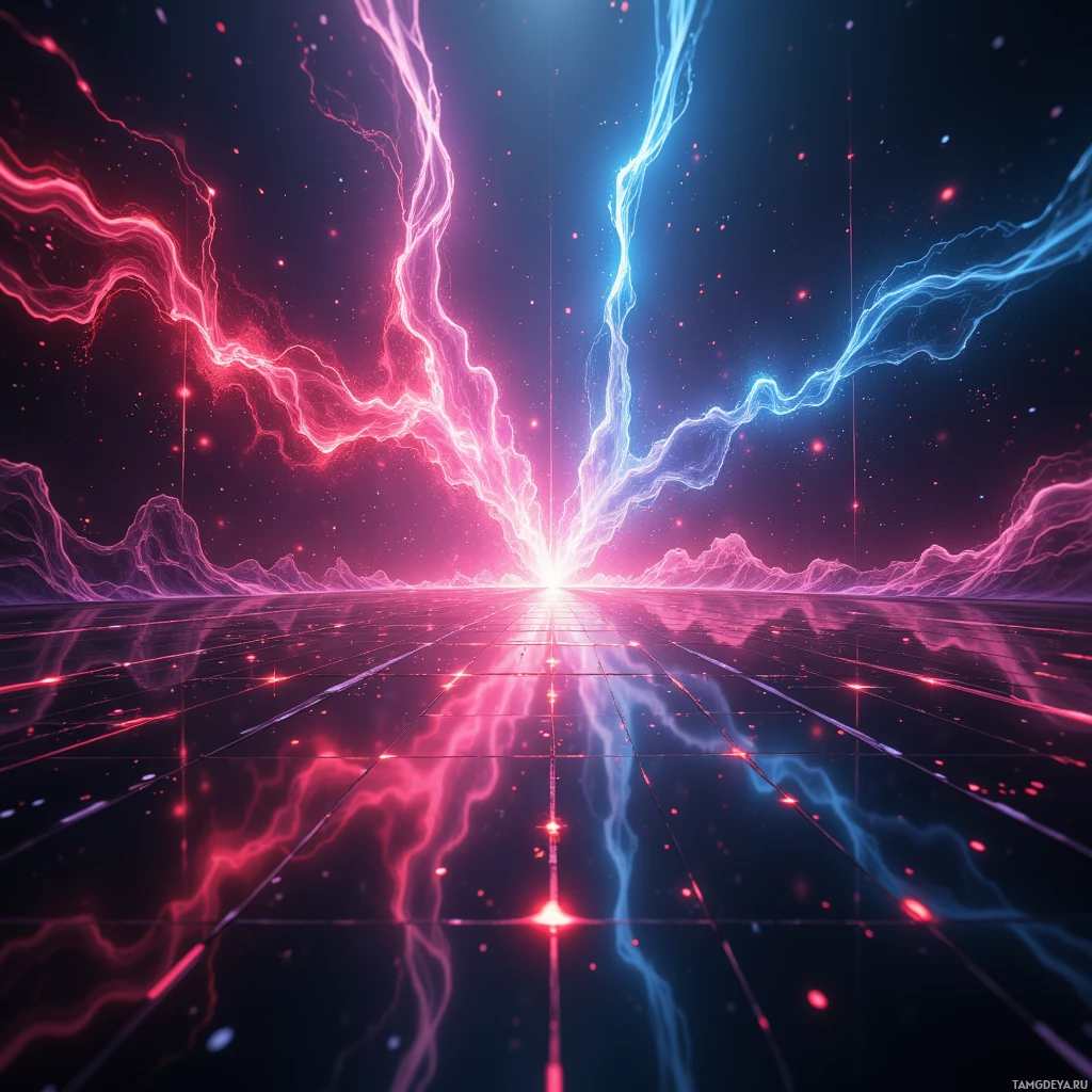 Яркая, футуристическая сцена с сияющими электрическими разрядами и отражающей поверхностью.