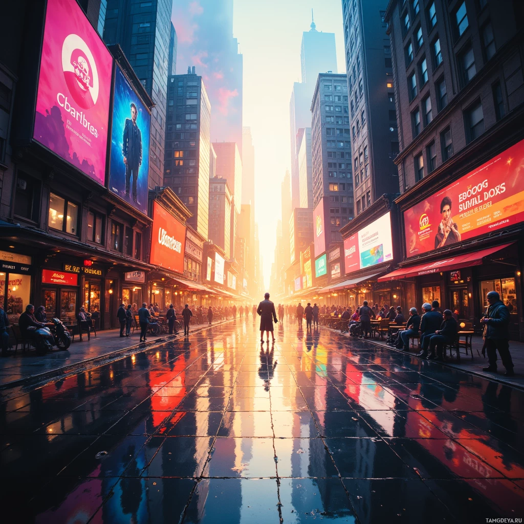 Оживленная городская улица с высокими зданиями, рекламой и людьми, гуляющими и отдыхающими на скамейках под ярким небом.