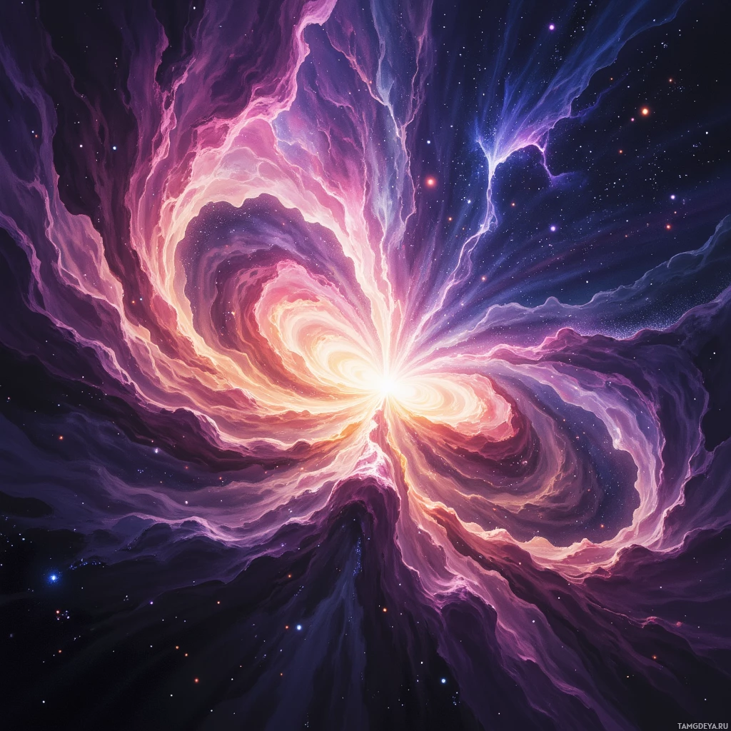 Яркая космическая сцена с завихряющимися туманностями и мерцанием звёзд.