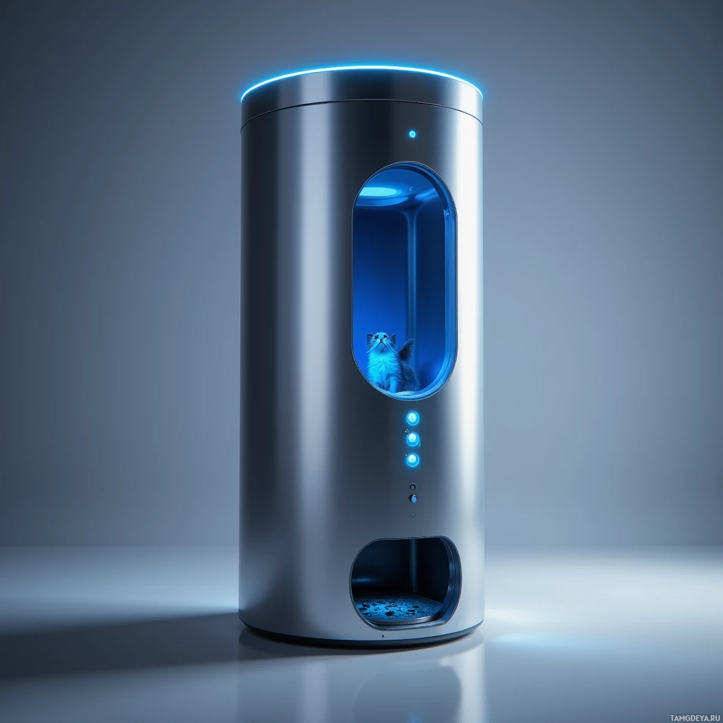 Изящное цилиндрическое устройство со светящимся синим внутренним пространством, внутри которого сидит кошка.