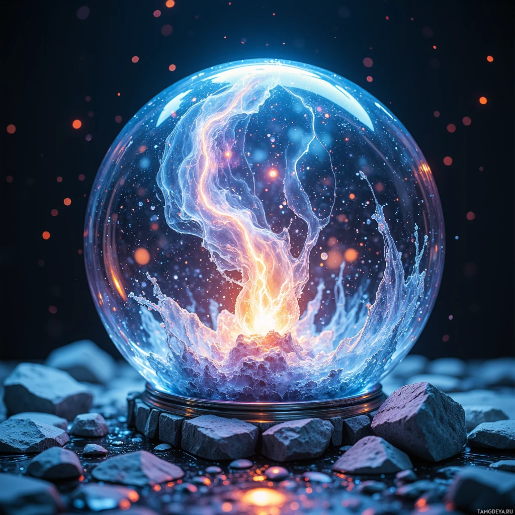 Сияющий, неземной шар, окутанный вихрями энергии и искор, покоится на камнях на фоне темного пространства.
