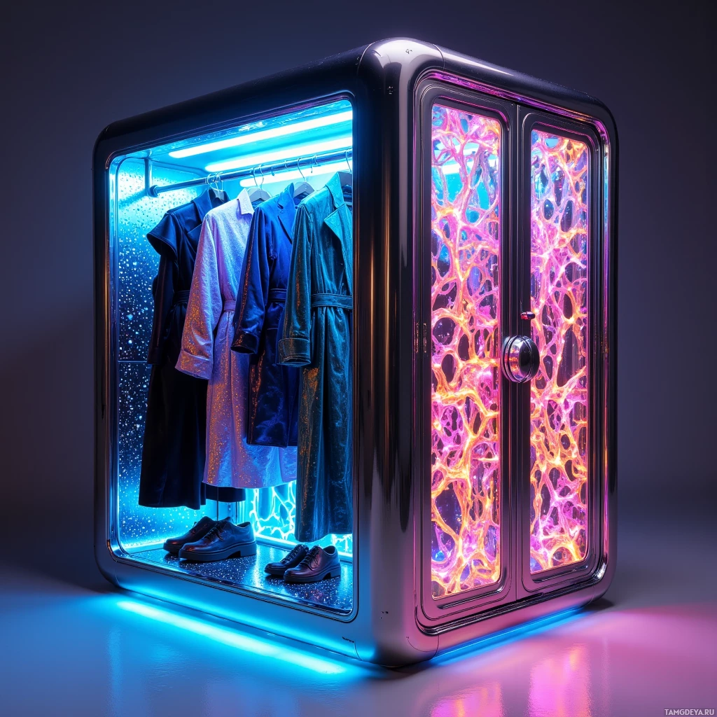 Современный, подсвеченный шкаф с внутренней подсветкой и развешанной одеждой.