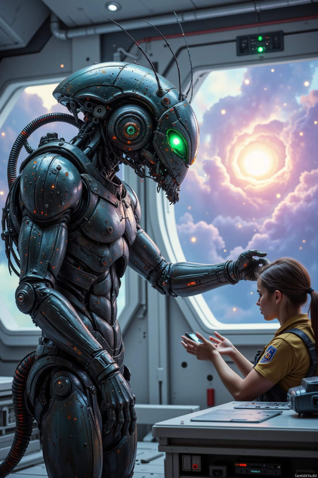 Футуристический робот взаимодействует с человеком на борту космической станции.
