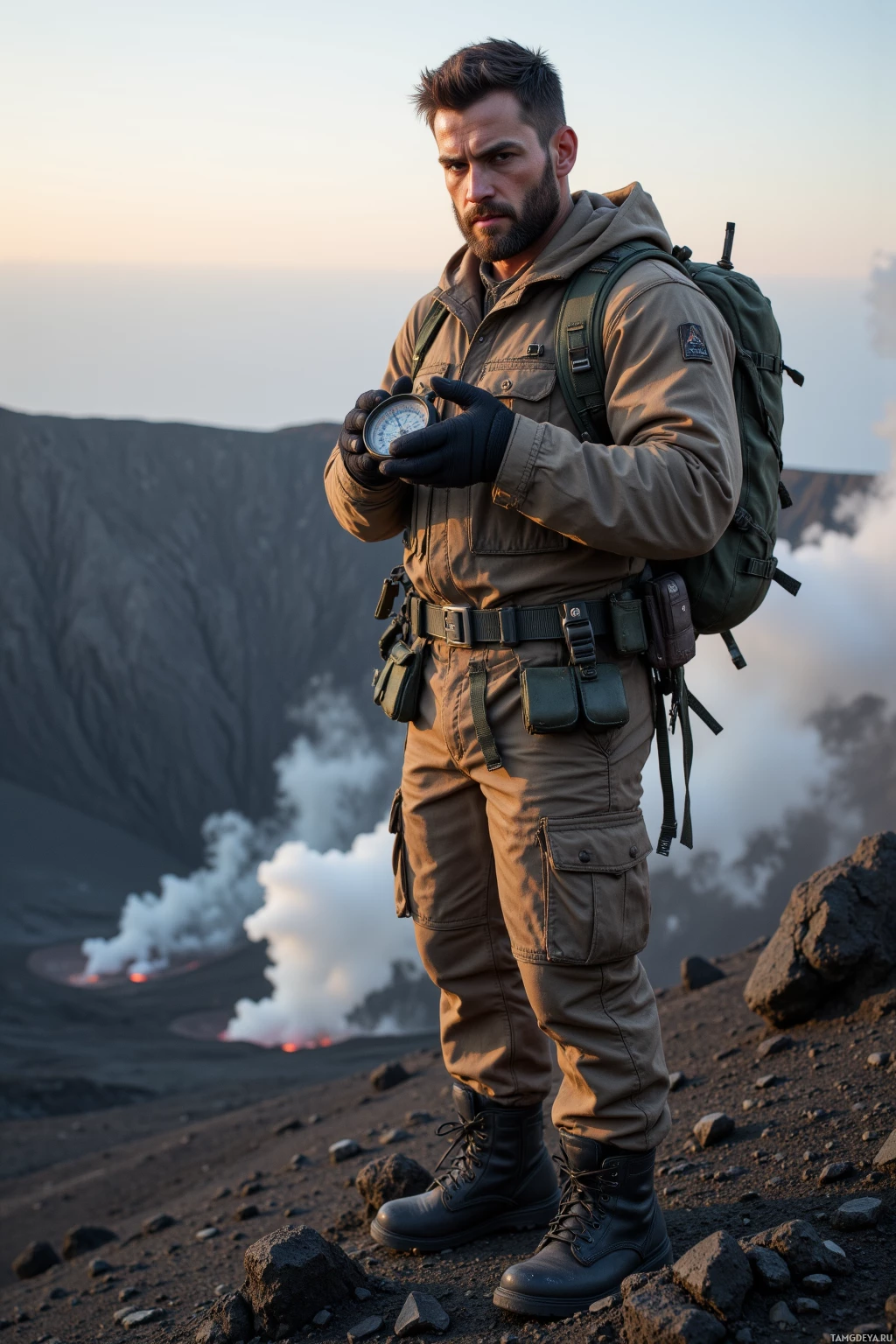 Человек в прочной одежде стоит на вулканическом ландшафте, держа в руках компас.