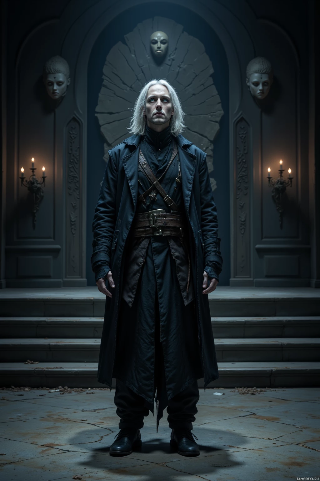В полумраке богато украшенного помещения с мерцающим светом свечей стоит человек в темном пальто.