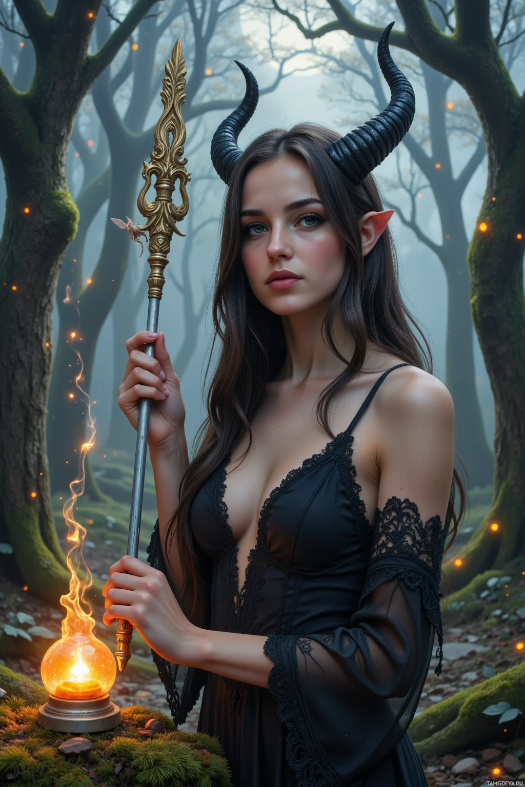 В туманном лесу женщина в темном кружевном платье держит светящийся шар и посох с рогами.