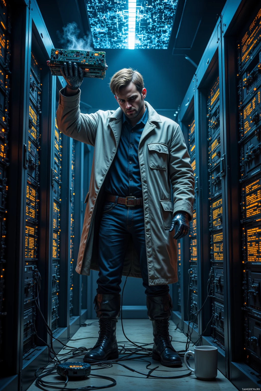 Мужчина в плаще стоит в серверной, держа в руках плату.