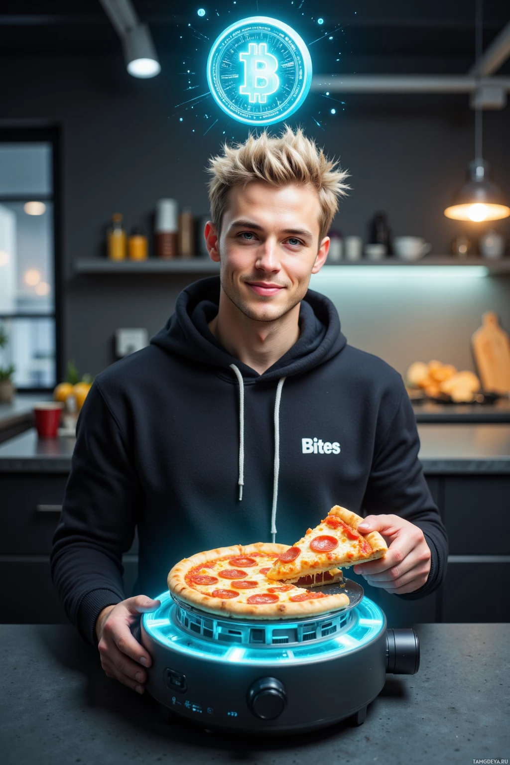 Человек в толстовке держит пиццу и светящийся символ биткоина над головой на фоне современной кухни.