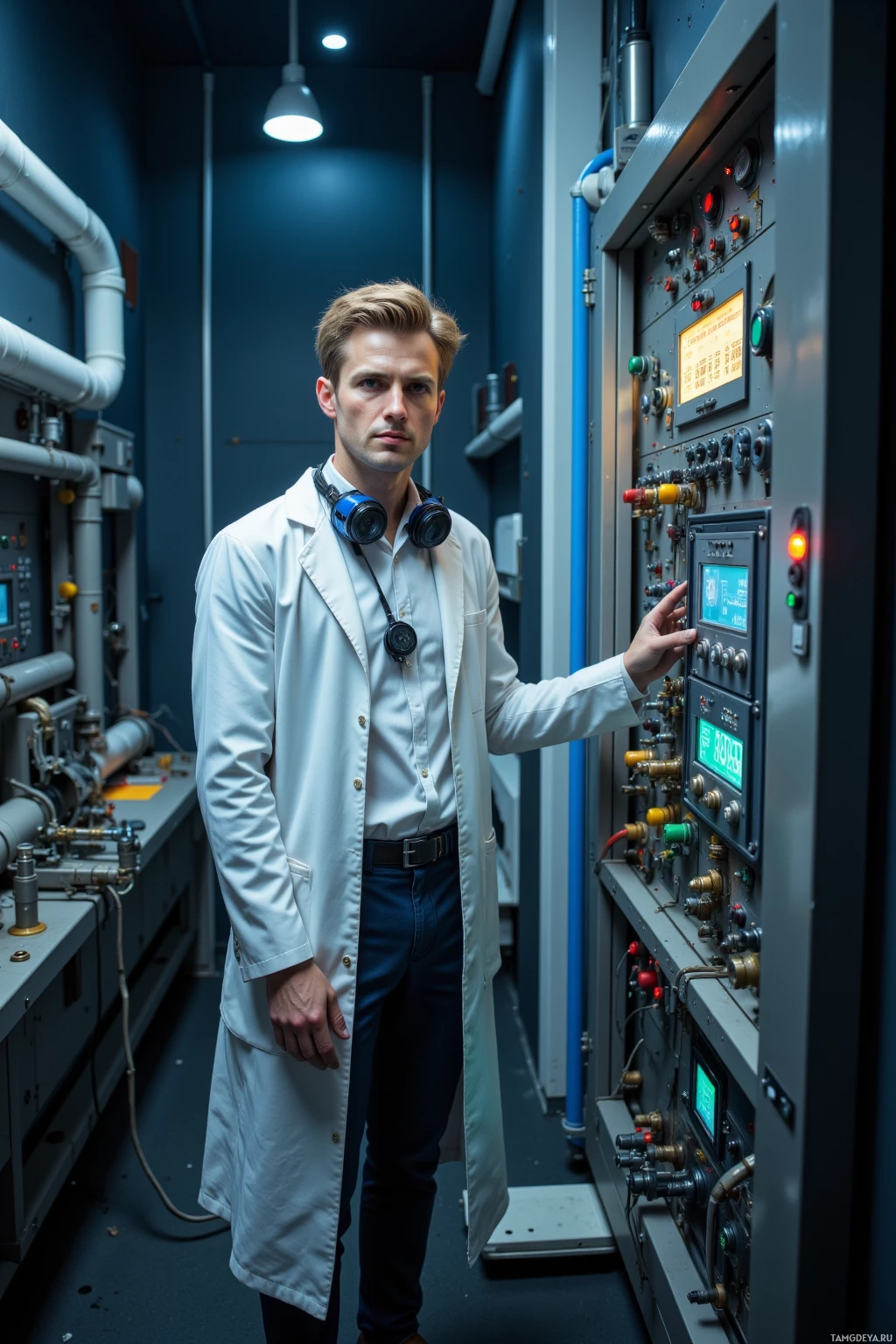 Мужчина в белом халате стоит в диспетчерской и работает с оборудованием.