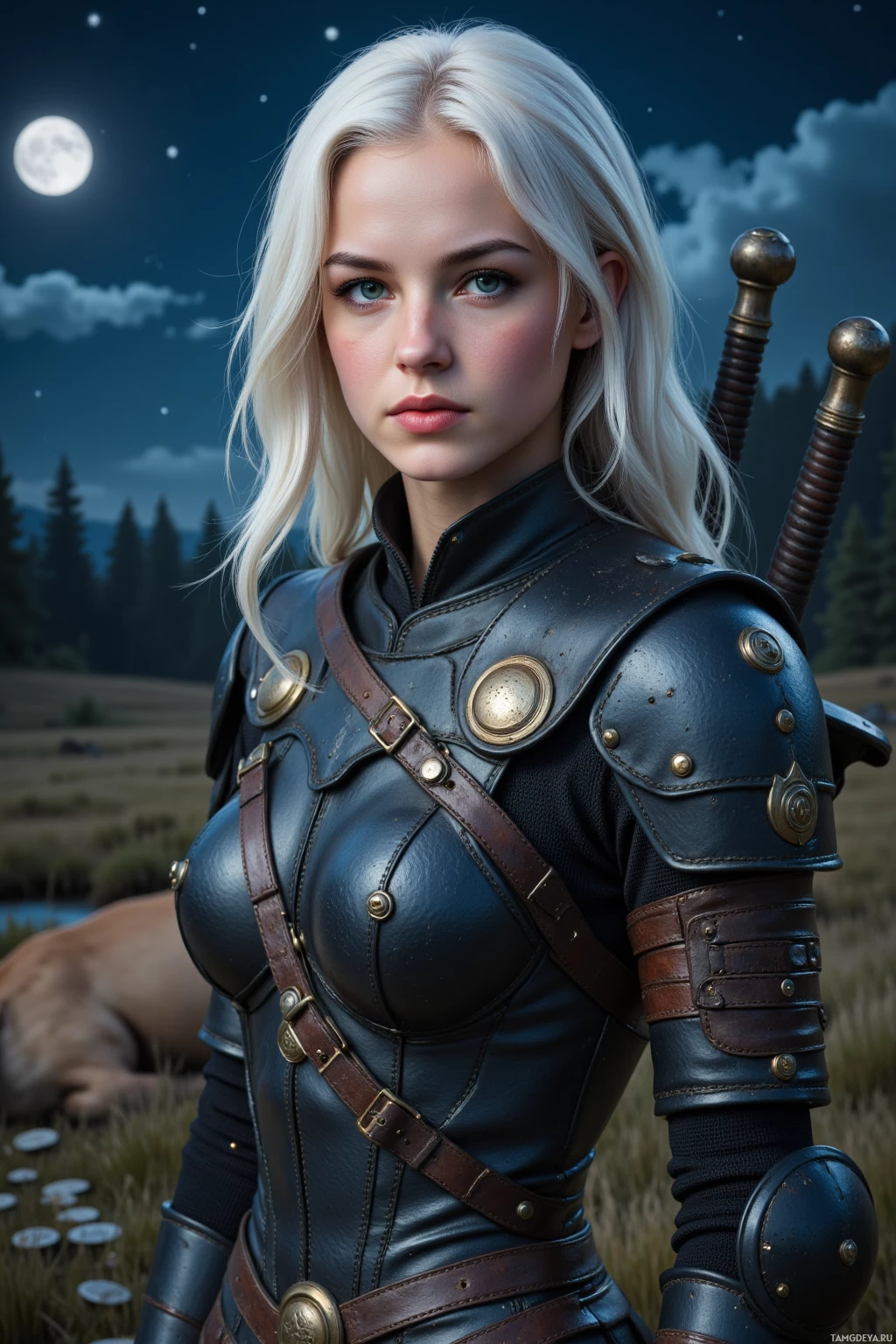 Женщина в доспехах, выполненных в средневековом стиле, стоит на фоне ночного неба с полной луной.