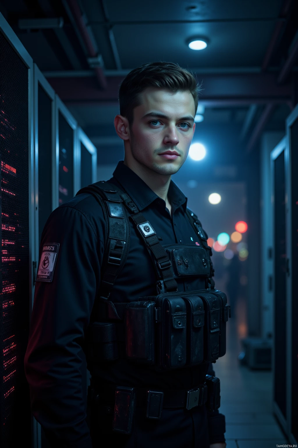 В полумраке коридора стоит человек в тактическом снаряжении.