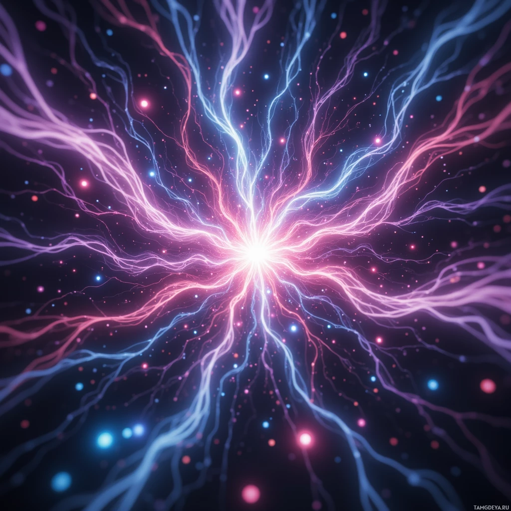 Яркая абстрактная композиция с расходящимися, светящимися линиями розового, голубого и белого цветов на темном фоне.