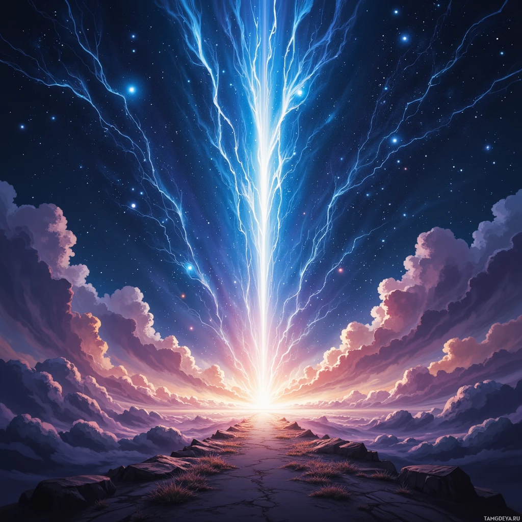 Яркое небо с полосами света и облаками, создающими драматическую и неземную картину.