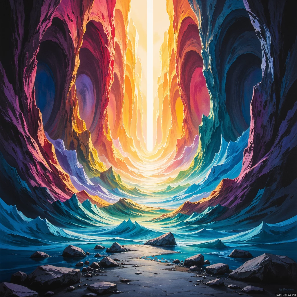 Яркий, сюрреалистичный пейзаж с красочным, закручивающимся туннелем, ведущим к яркому свету в конце.