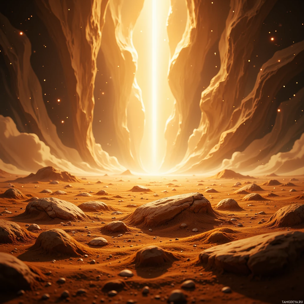 Пустынный пейзаж, залитый ярким светом, пробивающимся сквозь каменную арку.