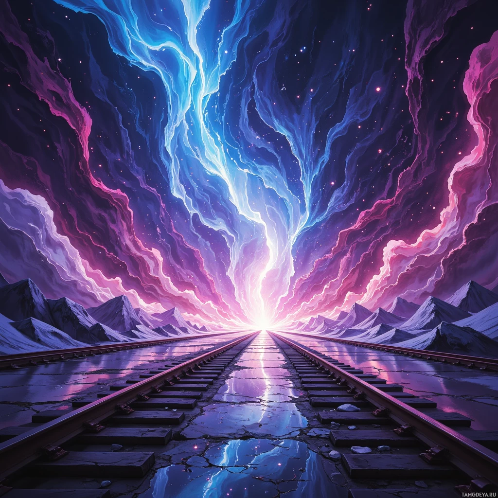 Сюрреалистичный пейзаж, где железнодорожные пути уходят в космическое небо с яркими, закрученными облаками и далёкими горами.