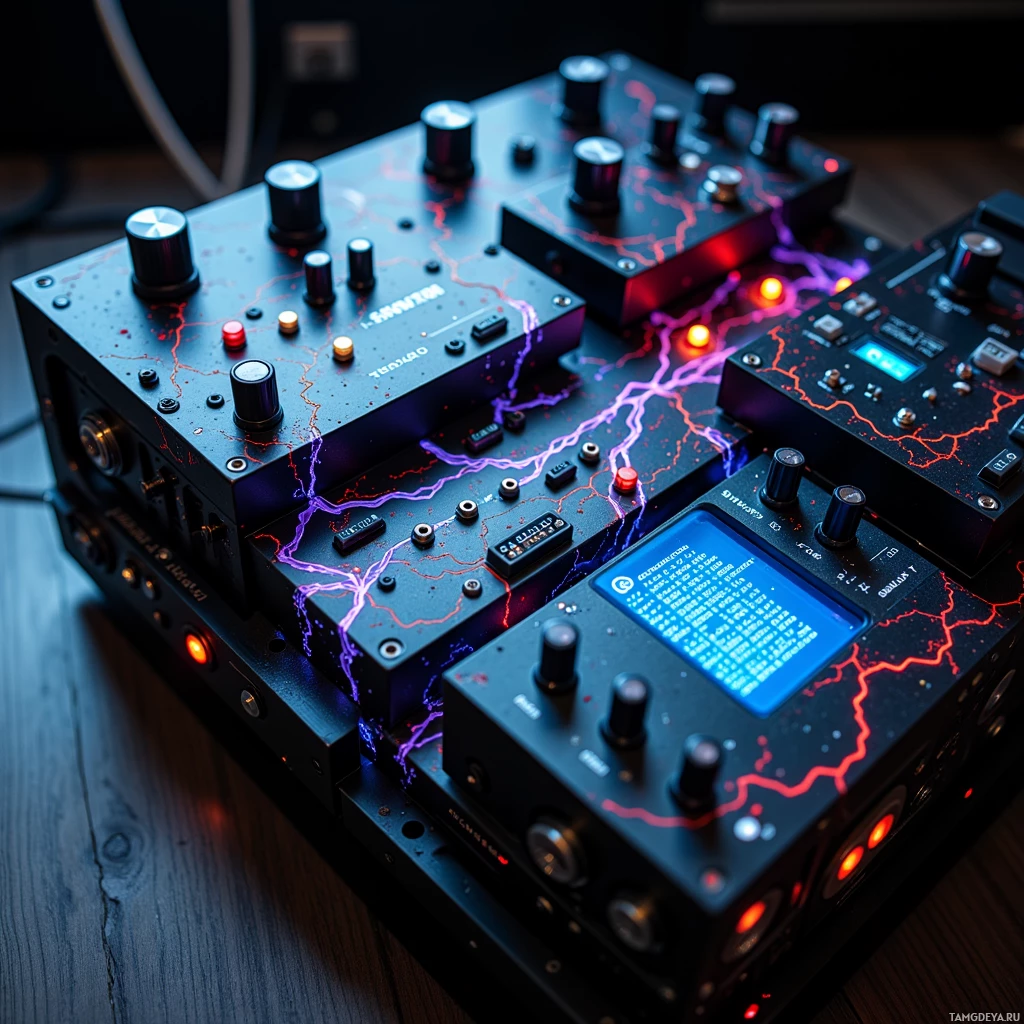 Крупный план современного электронного устройства с подсвеченными фиолетовыми и красными линиями и светящимися кнопками.