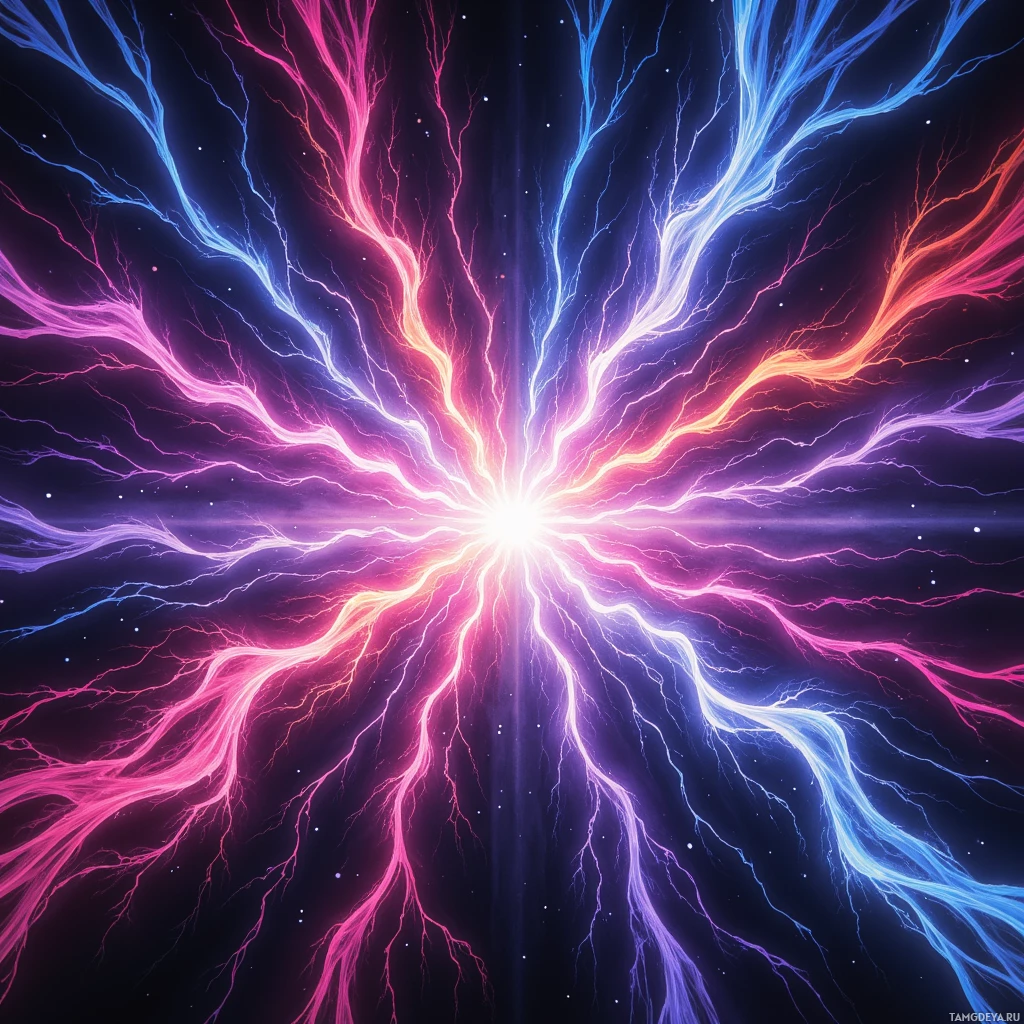 Яркая абстрактная композиция с расходящимися линиями насыщенных розовых, голубых и фиолетовых оттенков на тёмном фоне.