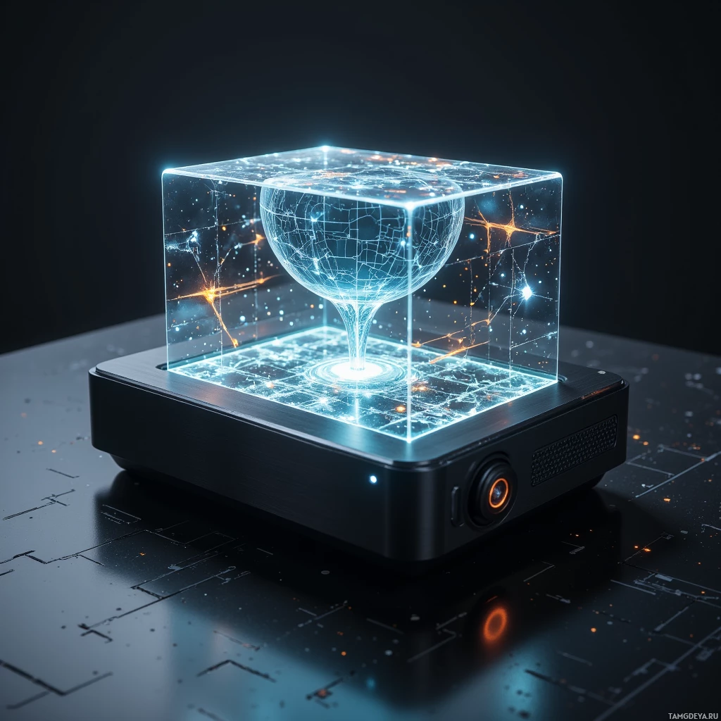 Футуристическое устройство с подсвеченным стеклянным кубом и прозрачной сферой внутри, на фоне тёмного, технологичного дизайна.