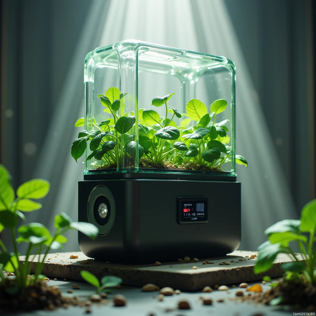 Небольшая прозрачная теплица с цифровым дисплеем стоит на деревянной поверхности, окружённая зеленью и землёй.
