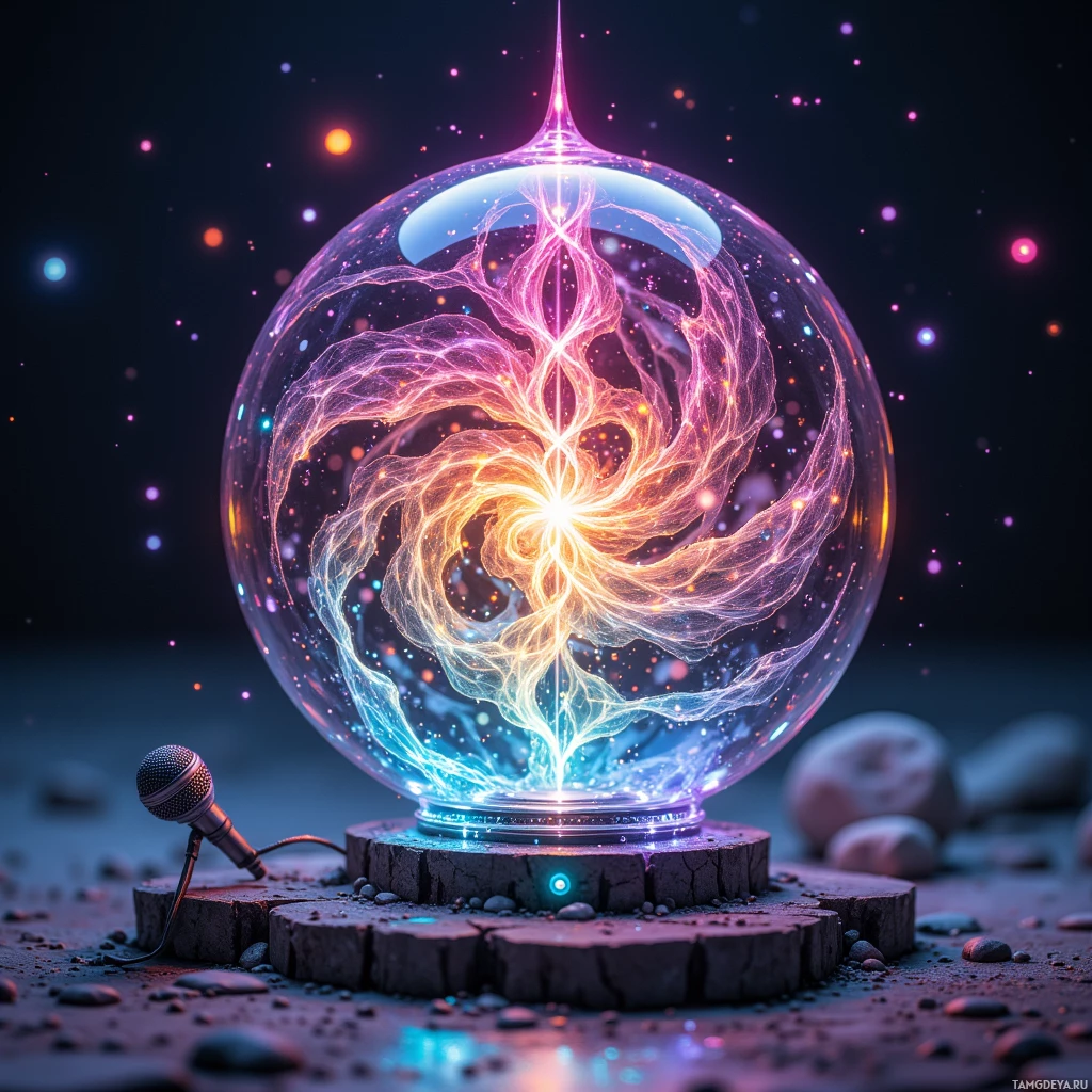 Светящийся, замысловатый, абстрактный узор внутри стеклянной сферы, установленной на деревянной подставке, окружённый мелкими камнями и микрофоном.