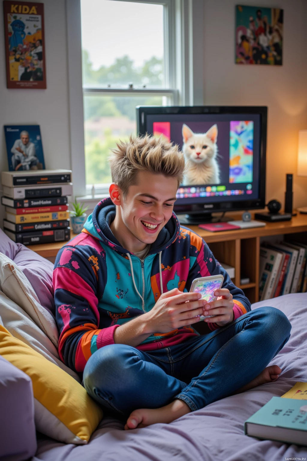 Молодой человек сидит на кровати и улыбается, глядя в телефон.