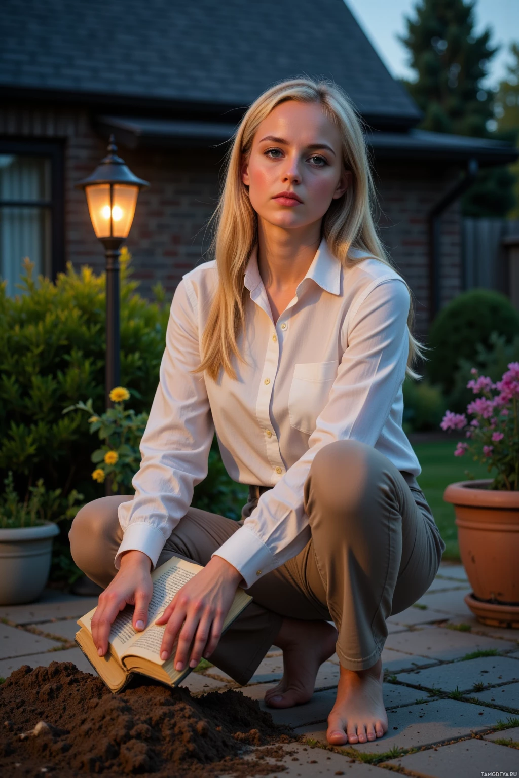 Женщина в белой рубашке и бежевых брюках присела на улице, держа в руках раскрытую книгу.