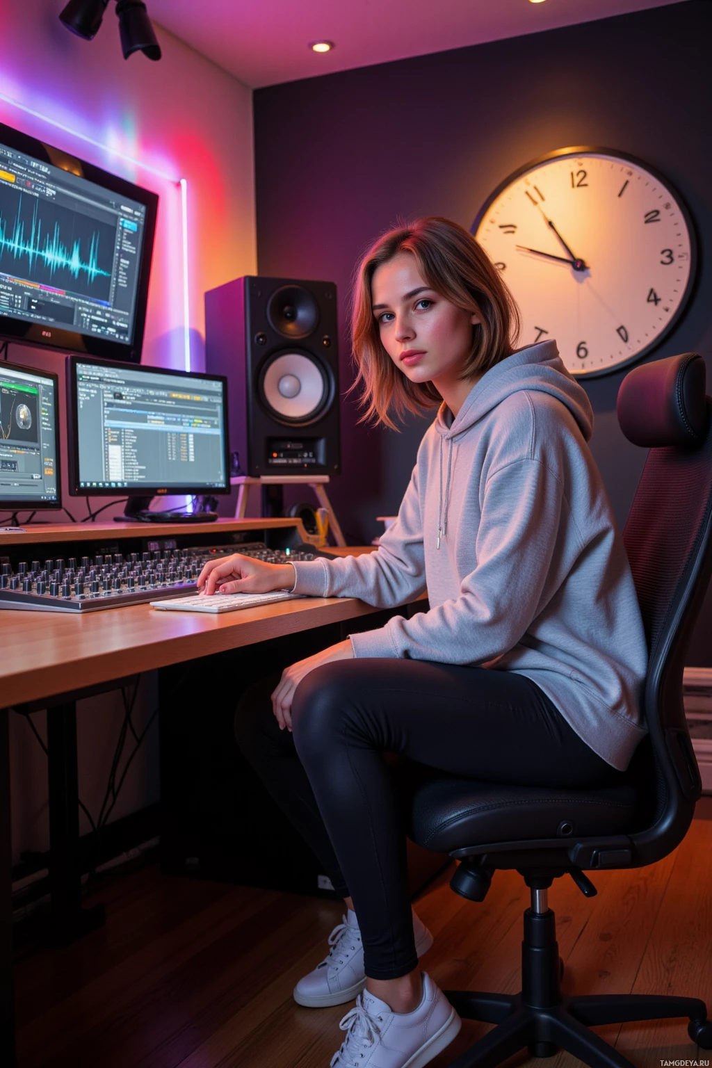 Человек сидит за столом в звукозаписывающей студии, окруженный звуковым оборудованием и мониторами.