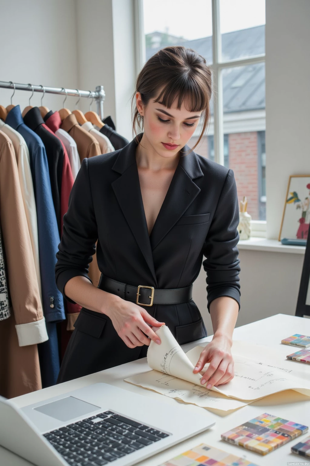 Женщина в черном блейзере работает за столом, на котором лежат ноутбук, бумаги и образцы цвета.