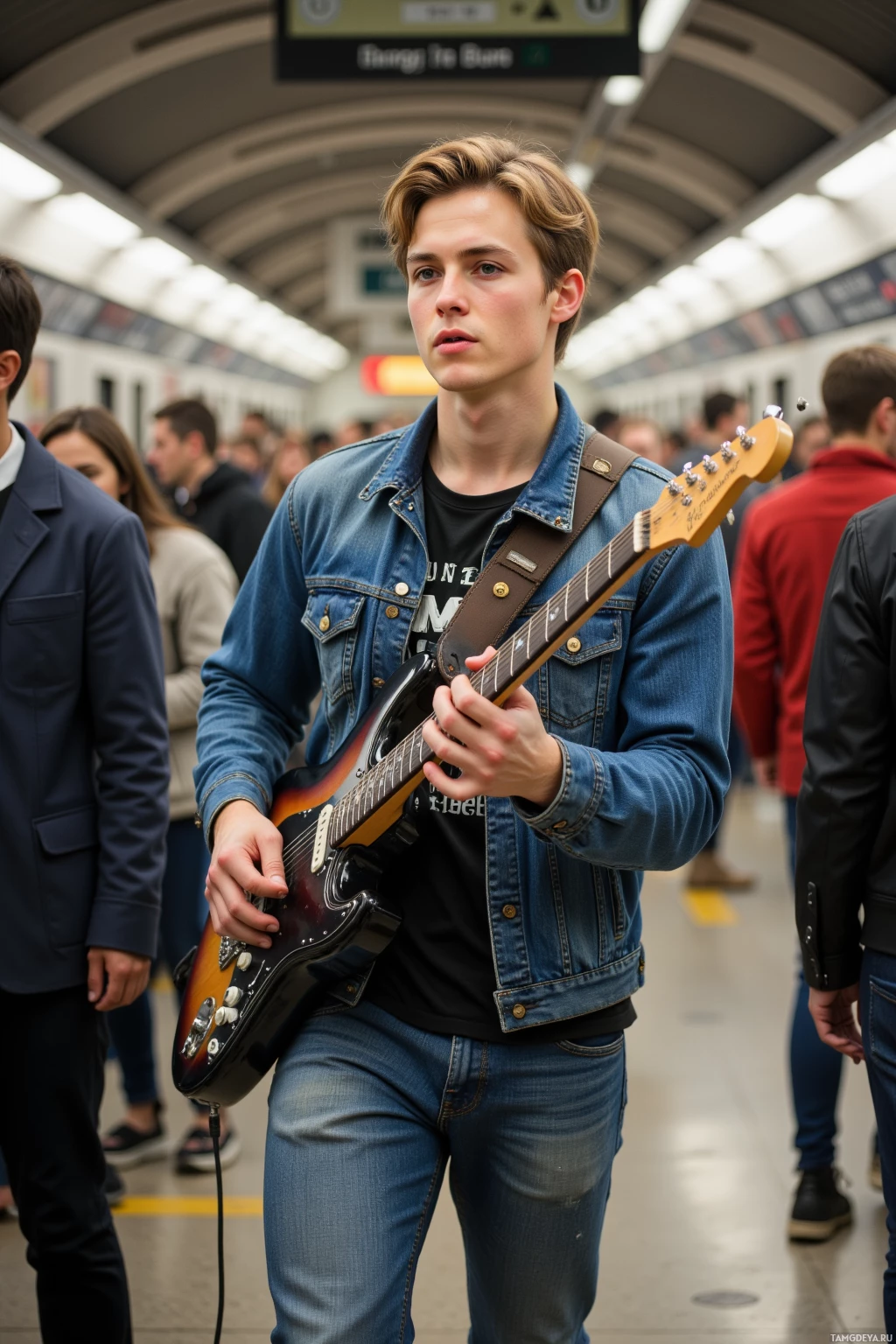 Молодой человек играет на гитаре в шумной станции метро.