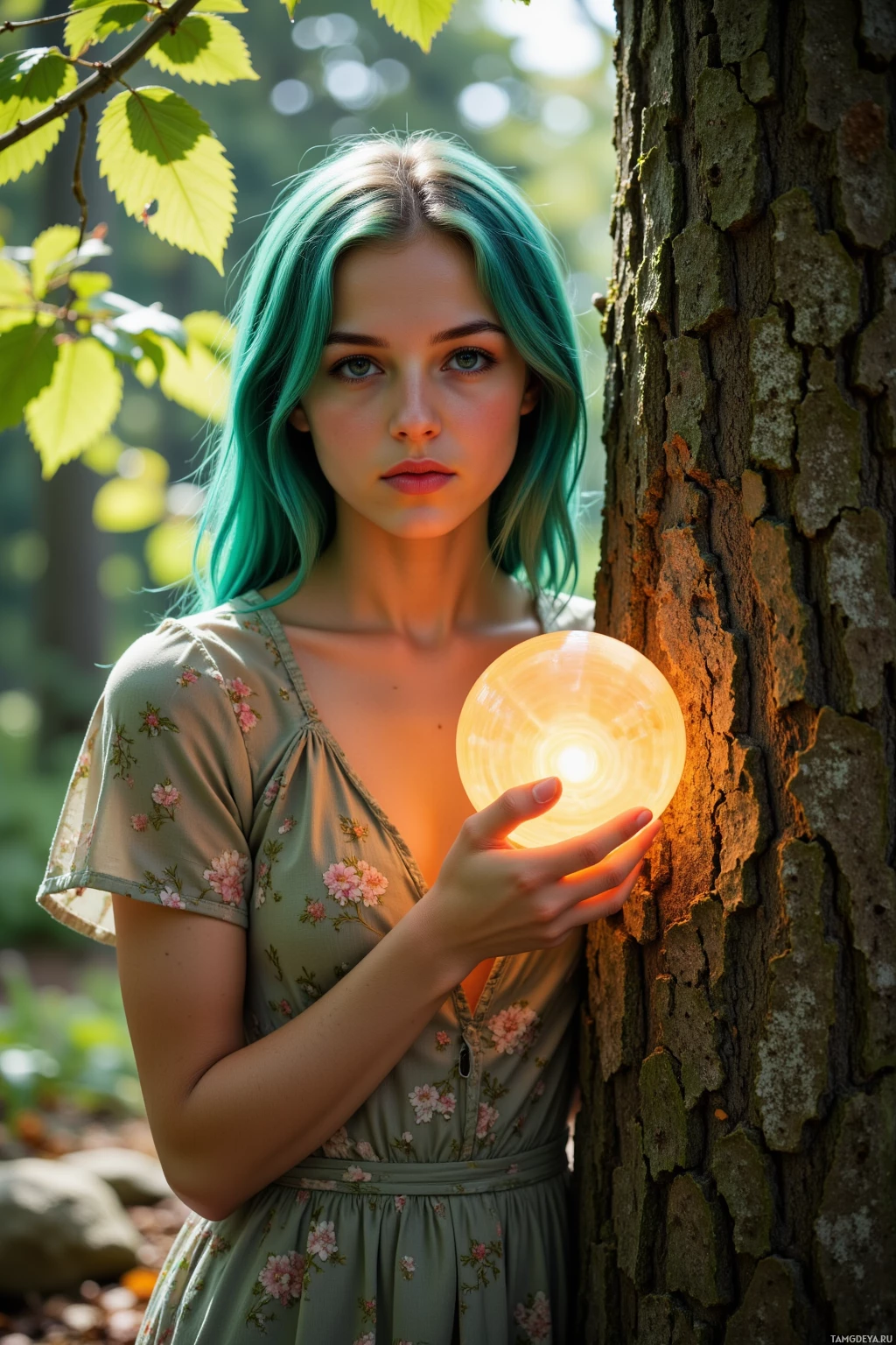 В лесу стоит человек с бирюзовыми волосами, держа в руках светящийся шар возле дерева.