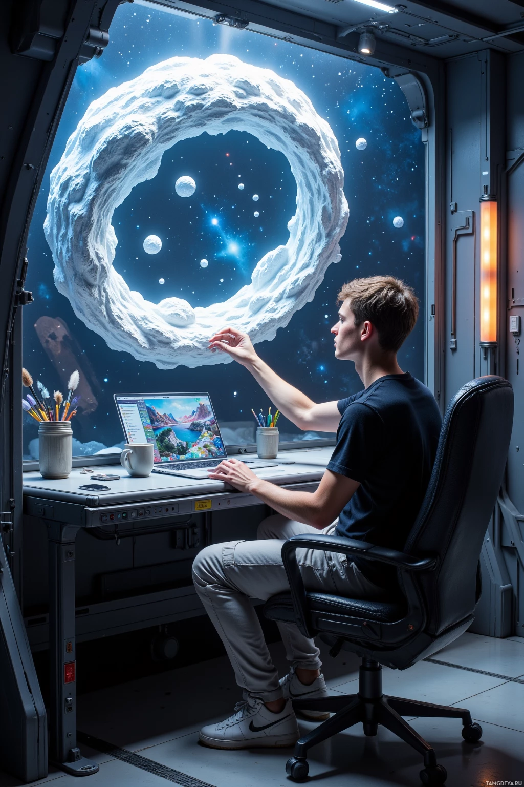 Человек сидит за столом в комнате, оформленной в космической тематике, и смотрит в большое окно, из которого открывается вид на космос.