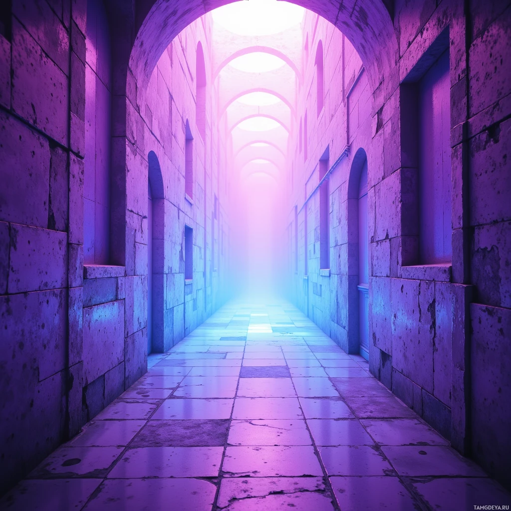 Длинный коридор с каменными стенами и светящимся светом в конце.