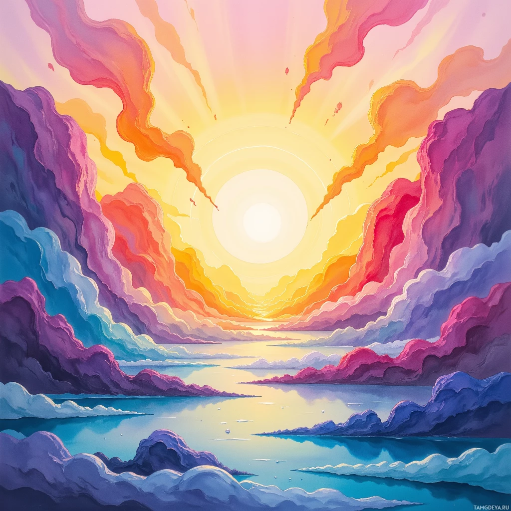 Яркий закат с разноцветными облаками и отражающейся водной гладью.