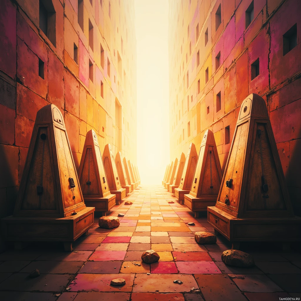 Коридор, обрамленный треугольными деревянными шкафами, ведет к яркому свету в конце.