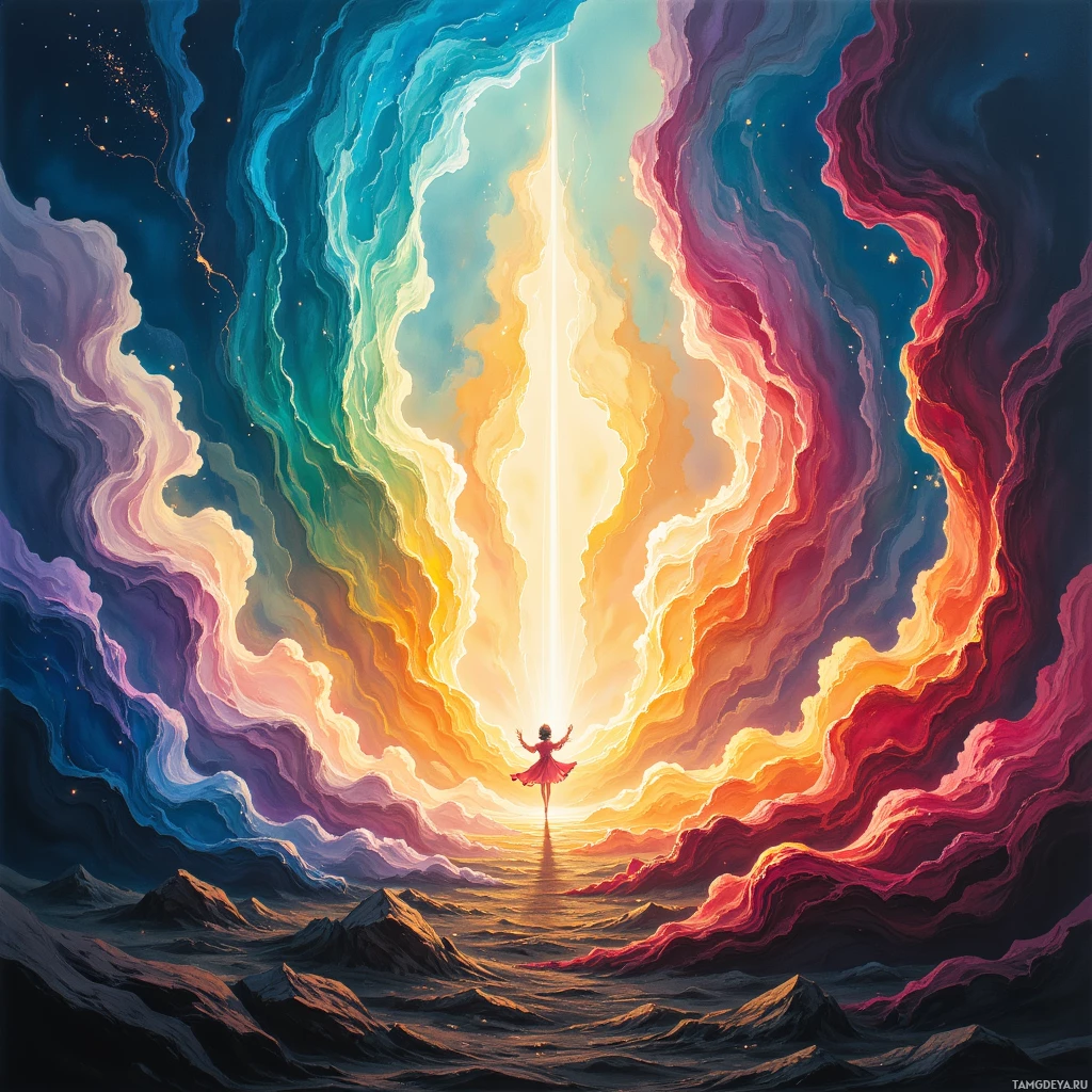 Фигура стоит на краю яркого, космического пейзажа, устремив взгляд к сияющему источнику света.