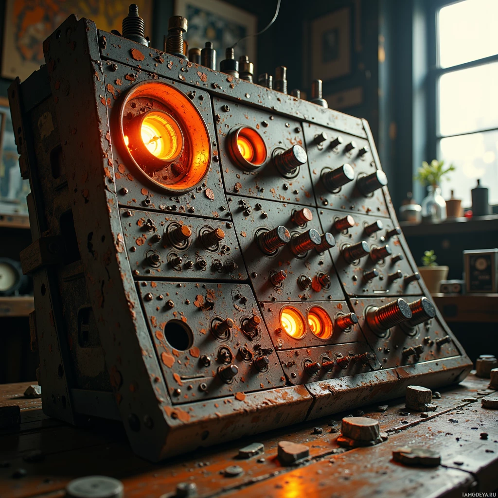 Старая, проржавевшая панель управления с подсвеченными индикаторами и множеством ручек и переключателей стоит на деревянном столе.