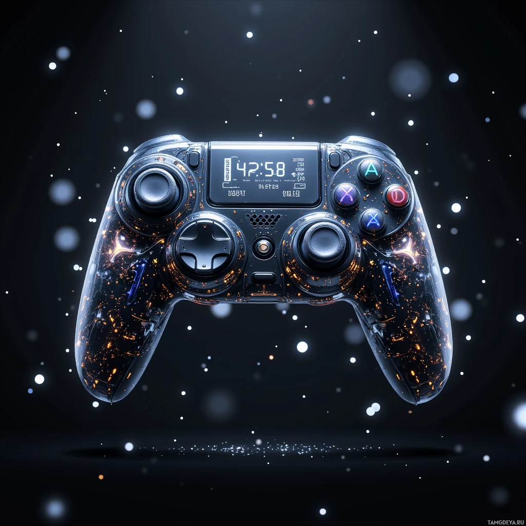 Игровой контроллер в футуристичном дизайне с подсветкой и цифровым дисплеем.