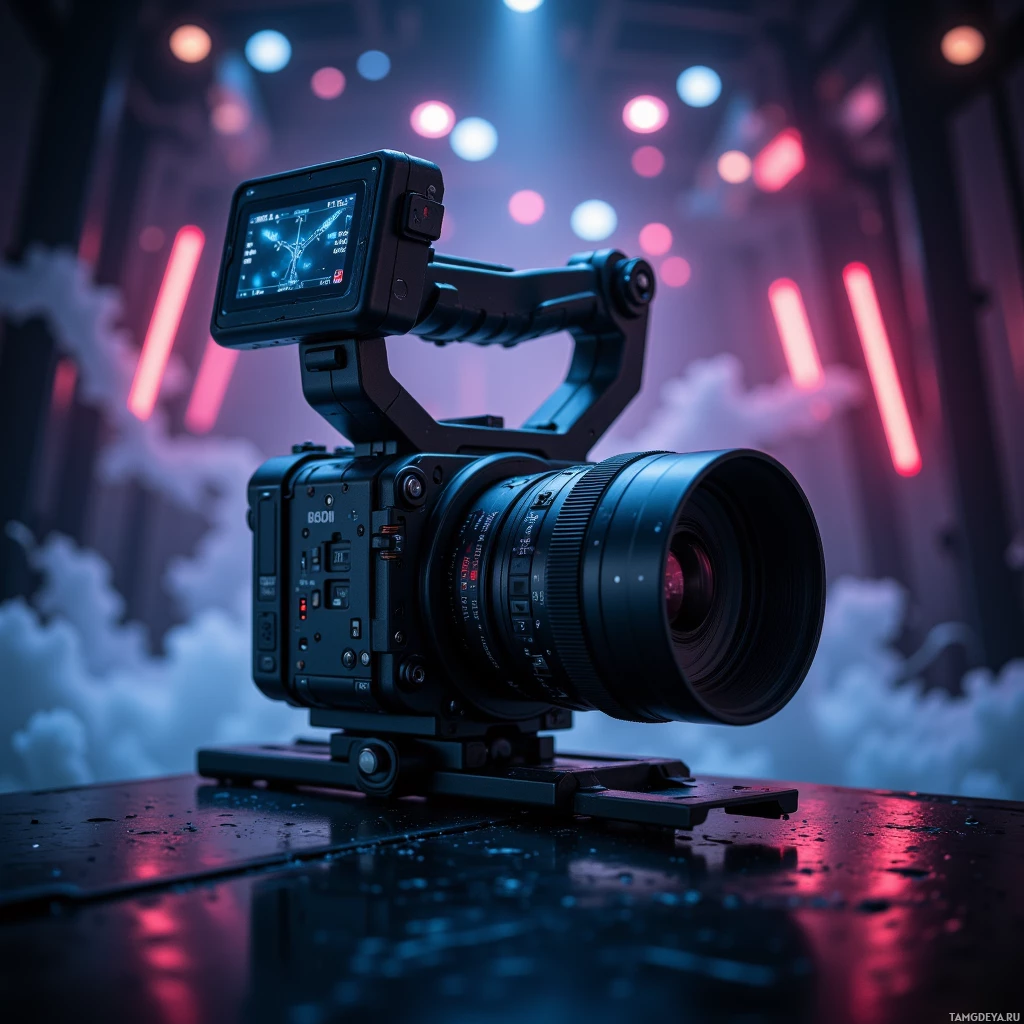 На фоне яркой, неоновой подсветки демонстрируется профессиональная камера с большим объективом и монитором.